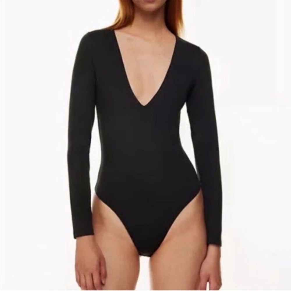 Babaton Black Deep V Long Sleeve Bodysuit